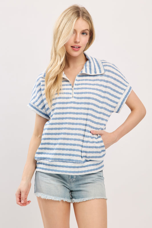 TA2518 Textured Striped Half-Zip Polo Shirt