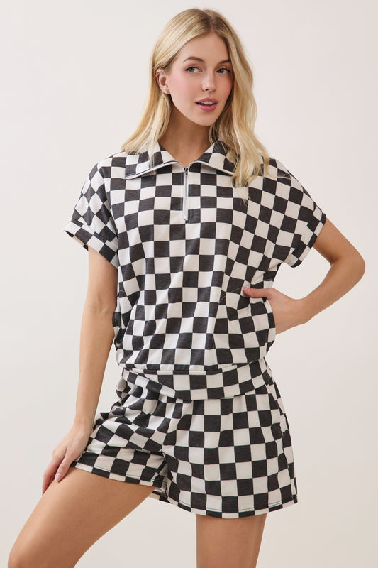 TA2416 Checkerboard Half-Zip Knit Top