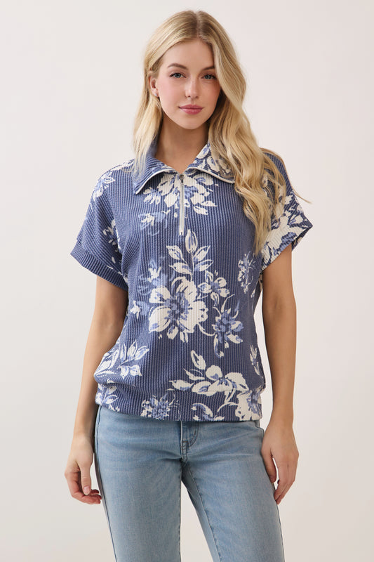 TA2417 Floral Half-Zip Rib Knit Top