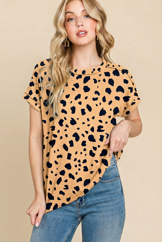 TA2445 Abstract Leopard Print Ribbed Top