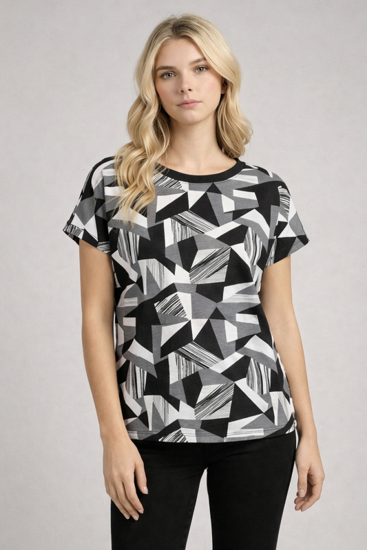 TA2479 Black & Gray Geometric Print Relaxed Fit Tee