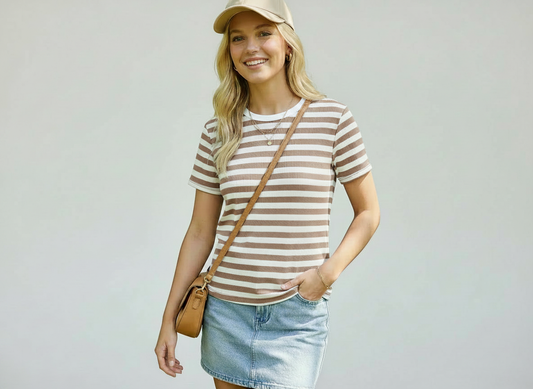 TA2521 Stripe Ribbed Crewneck Top