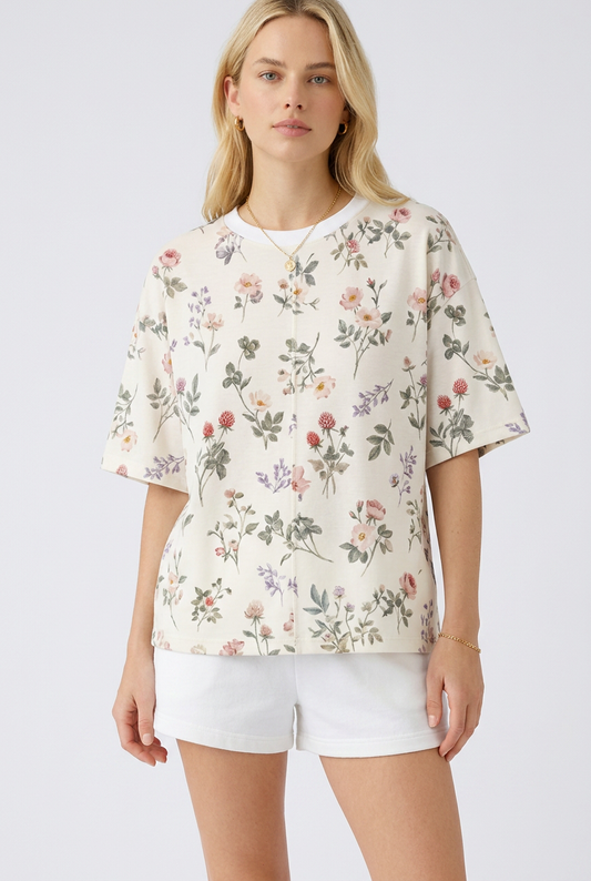 TA2535 Floral Textured Short Sleeve Knit Top