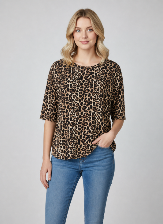 TA2542 Animal Mesh Top with Lined Body and Sheer Sleeves