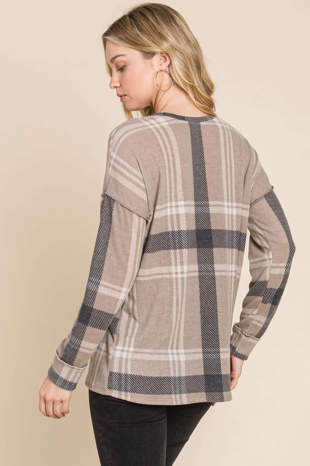 TL1995 PLAID V-NECK PULLOVER TOP