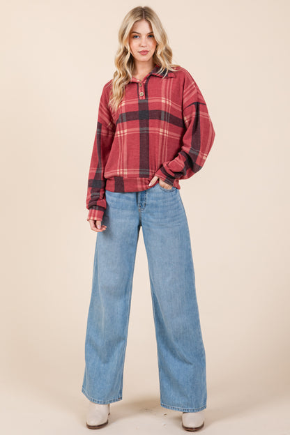 TL1995 PLAID V-NECK PULLOVER TOP