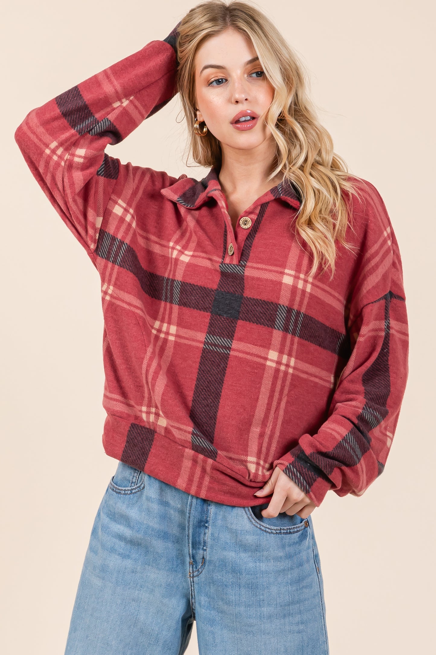 TL1995 PLAID V-NECK PULLOVER TOP