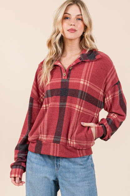 TL1995 PLAID V-NECK PULLOVER TOP