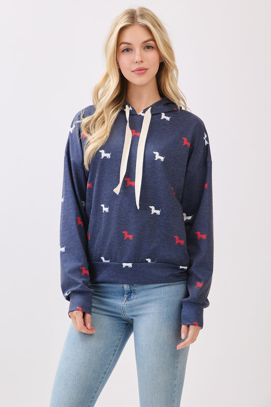TL2038 Dog Print Hoodie with Drawstrings