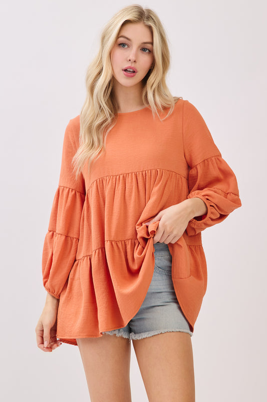 TL2045 Tiered Babydoll Long Sleeve Top