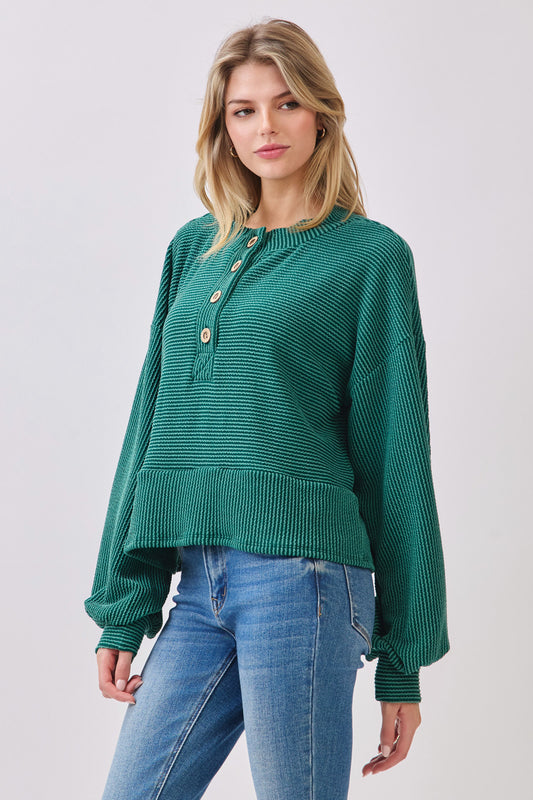 TL2078 Ribbed Button-Up Knit Pullover