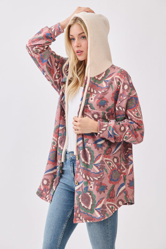 TL2088 Boho Print Button-Up Hoodie Shacket