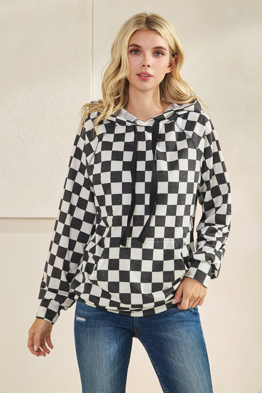 TL2093 Checkerboard Print Drawstring Hoodie