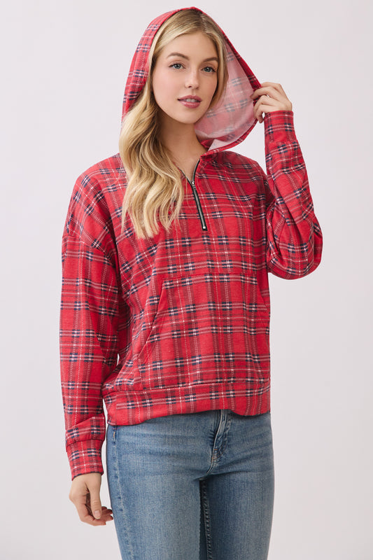 TL2102 Plaid Half Zip Hooded Pullover