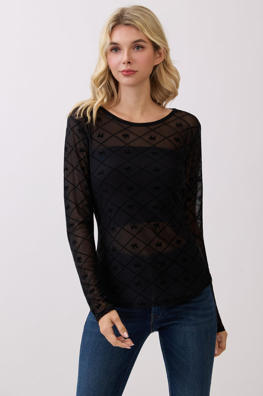 TL2110 Sheer Mesh Bow Pattern Long Sleeve Top