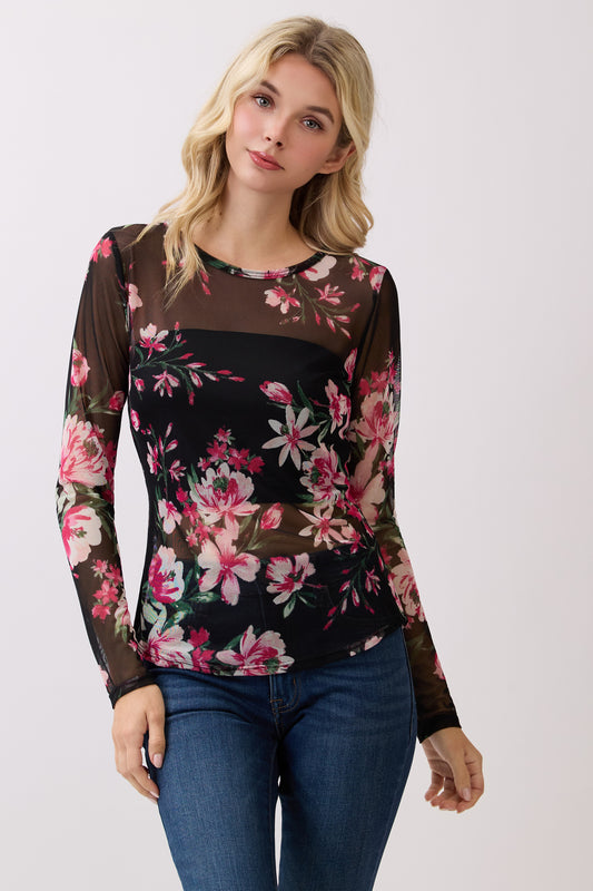 TL2111 Floral Mesh Sheer Long Sleeve Top