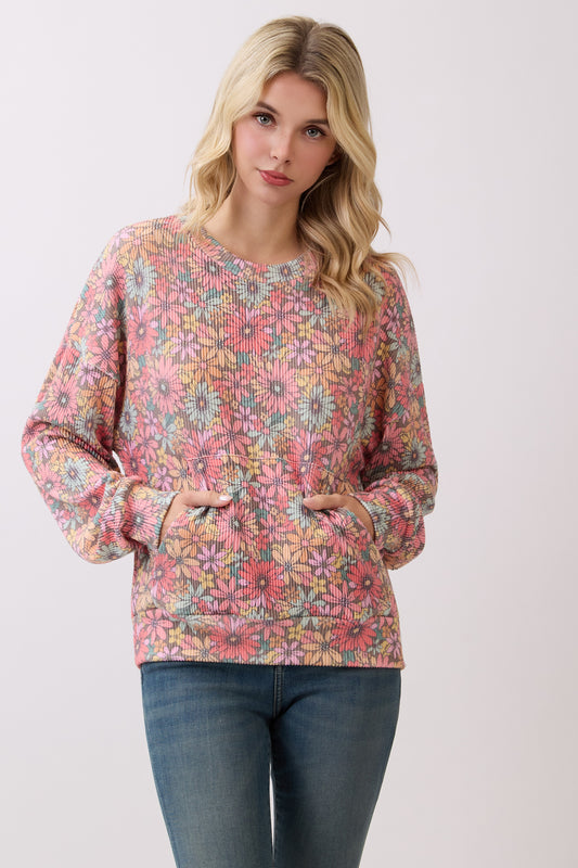 TL2112 Vintage Floral Ribbed Knit Pullover