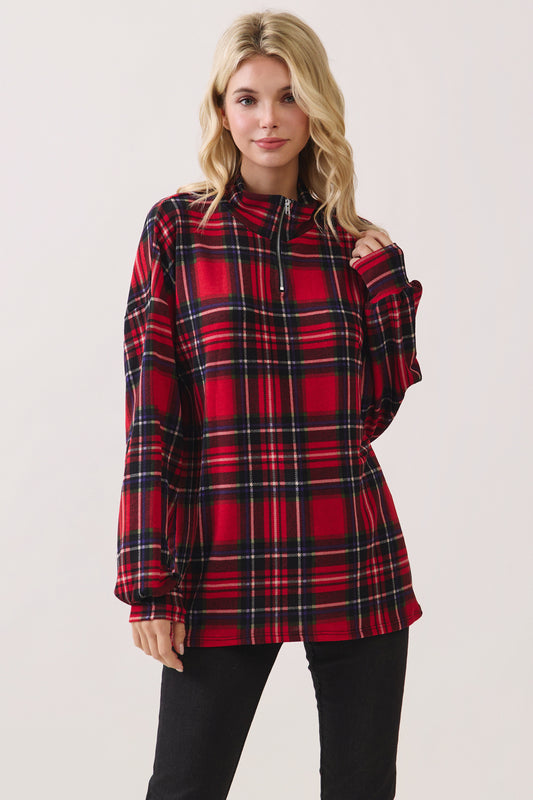 TL2119 Red Plaid Knit Half Zip Pullover