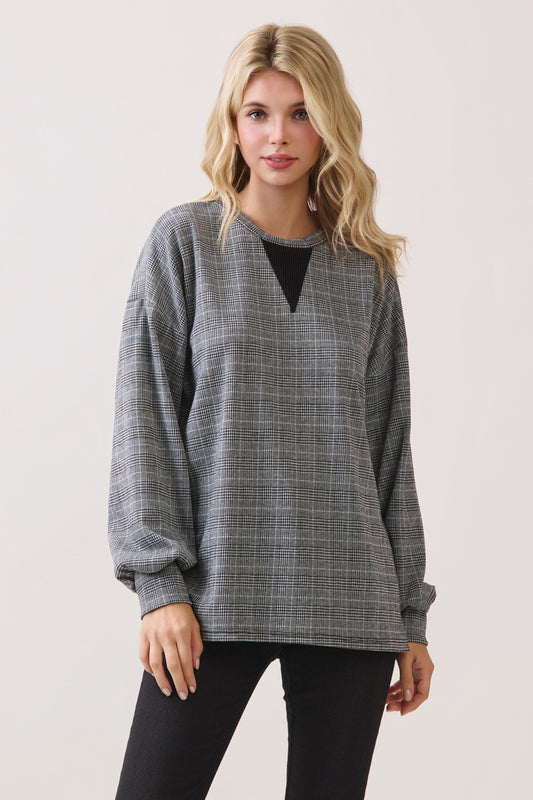 TL2121 Black Grey Plaid Knit Pullover