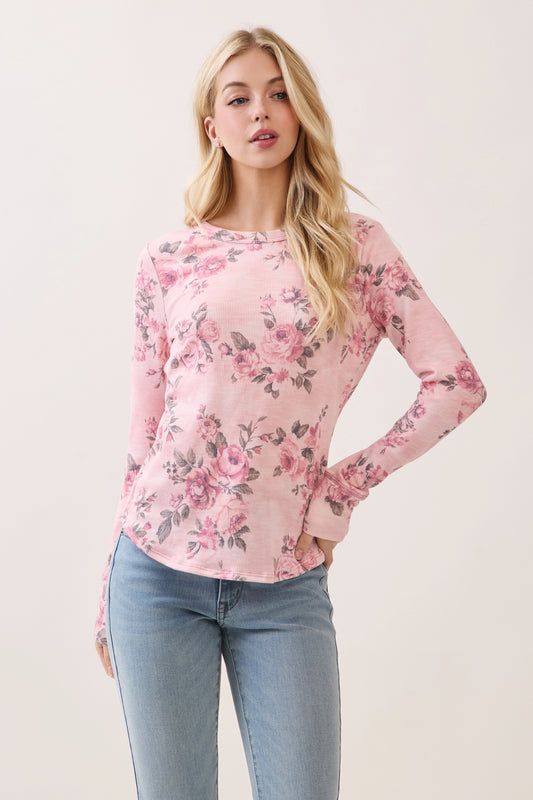 TL2123 Textured Floral Long Sleeve Knit Top