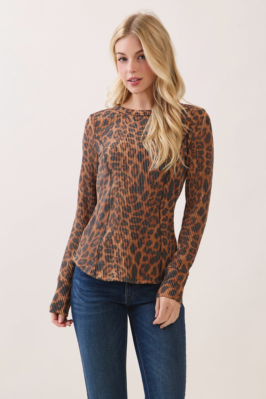 TL2125 Textured Leopard Print Rib Knit Long Sleeve Top