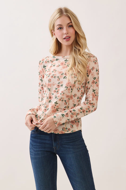 TL2126 Waffle Knit Floral Long Sleeve Top